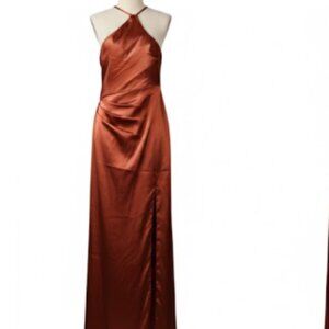 Azazie Bronze Halter Maxi Dress Asymmetrical Ruched Cocktail Prom A6